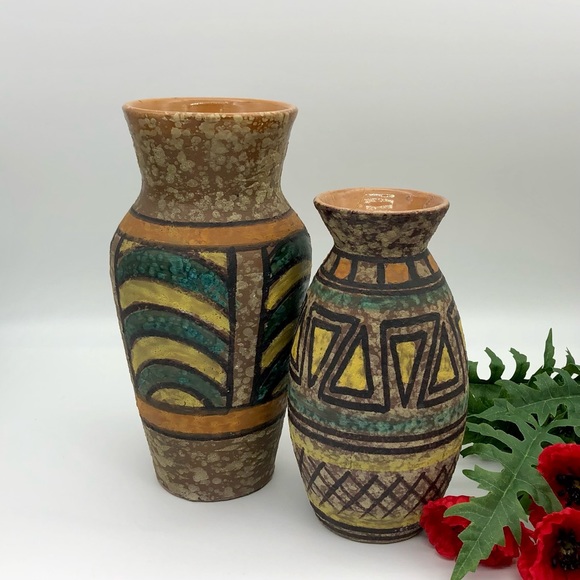Vintage Other - Vtg Italian MCM Hand Painted Geometric Lava Glaze Clay Pottery Vase Set Italy